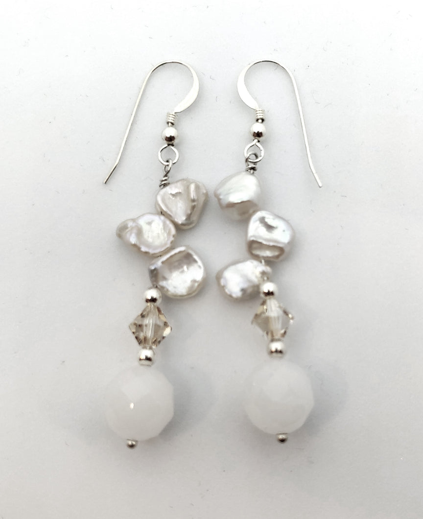 Earrings, keishi pearl, crystal and moonstone.