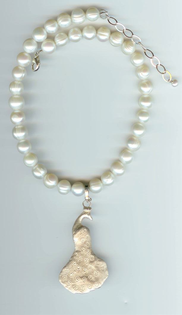 Peacock Pendant on 8-1/2mm - 9mm Freshwater Pearls